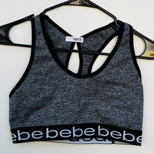 Bebe Sport Womens Gray Heathered Racerback Logo Band Sports Bra Large L